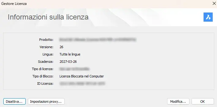 Finestra Gestore Licenza di BricsCAD con le informazioni sulla licenza e il pulsante Disattiva in basso a sinistra
