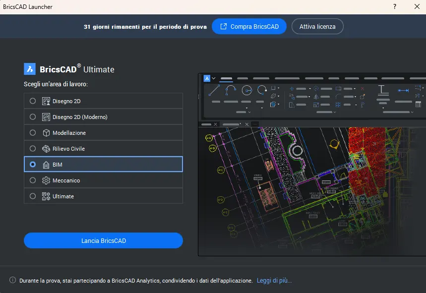 BricsCAD Launcher con i giorni di prova rimanenti, il livello Ultimate e la scelta dell'area di lavoro