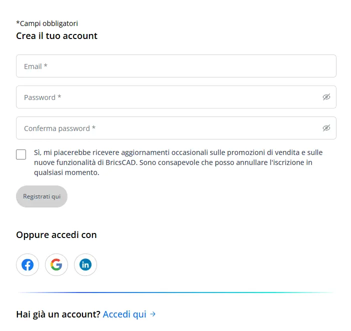 Schermata di creazione account con i campi email e password e l'accesso tramite social