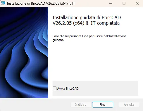 Schermata finale dell'installazione guidata di BricsCAD con l'opzione per avviare il programma