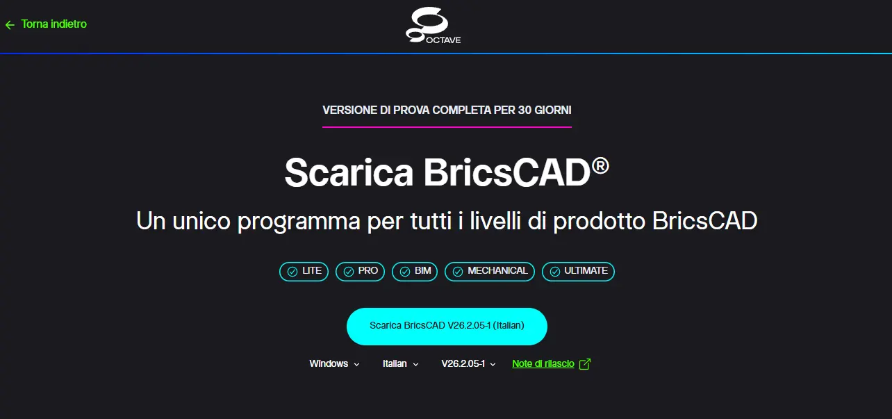 Pagina di download con i selettori di sistema operativo, lingua e versione e il pulsante per scaricare