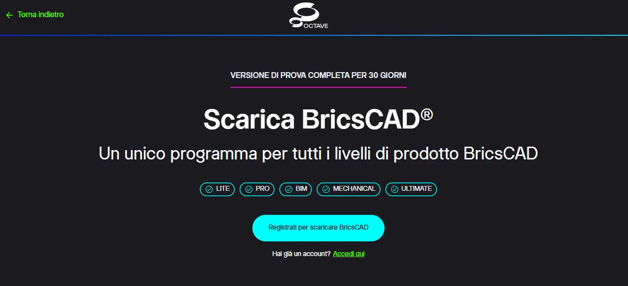 Pagina di download della prova gratuita di BricsCAD con i livelli di prodotto e il pulsante per registrarsi