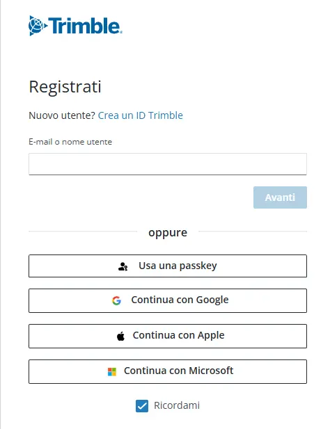 Schermata di accesso Trimble: campo email e opzioni per creare un ID Trimble o accedere con Google, Apple o Microsoft