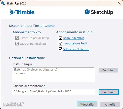 Finestra di installazione di SketchUp 2026 con la scelta dei componenti, della lingua e della cartella di destinazione