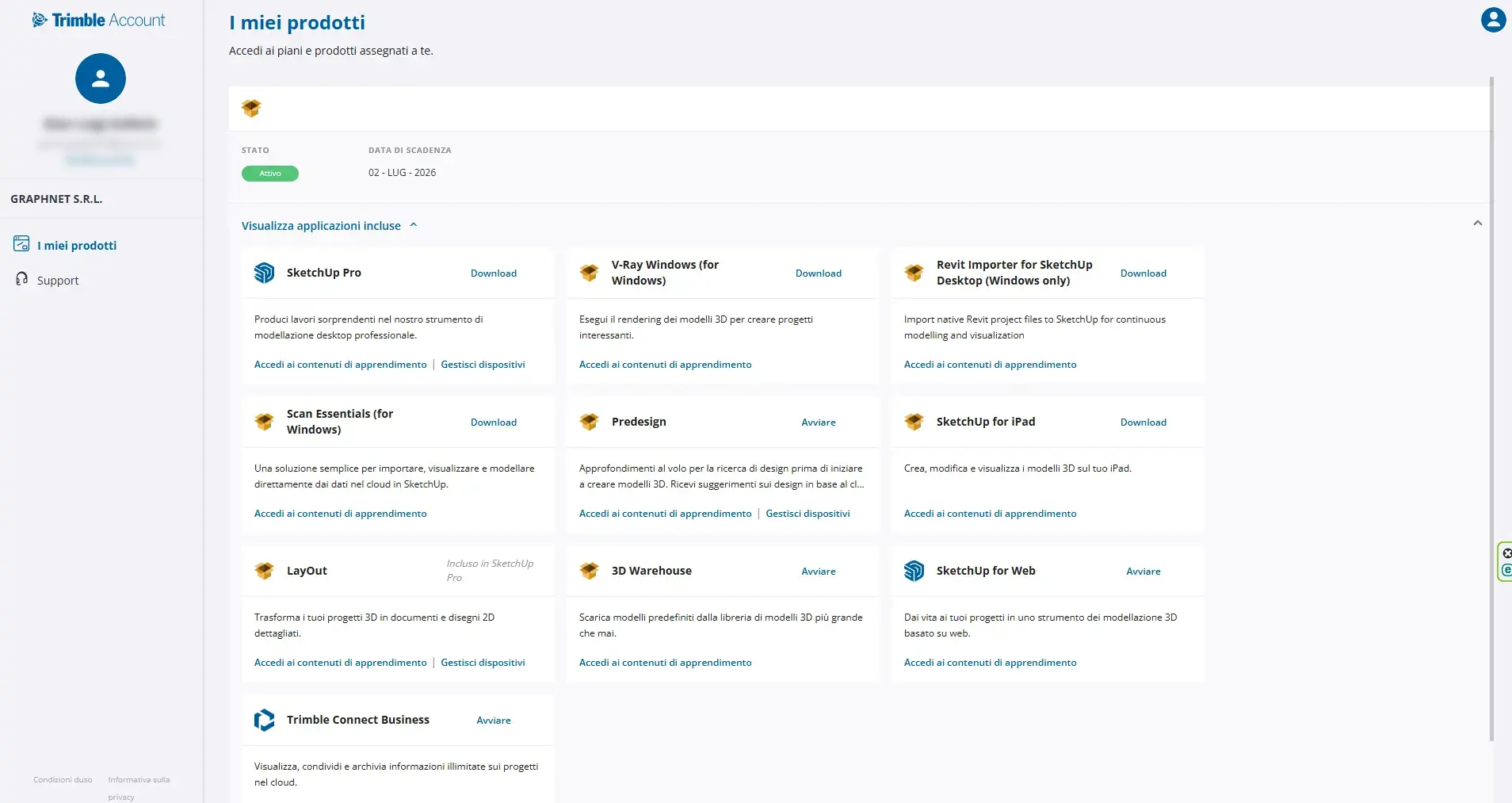 Pagina "I miei prodotti" del Trimble Account con i pulsanti Download accanto ai prodotti inclusi nella prova