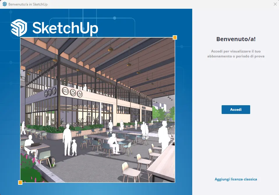 Schermata di benvenuto al primo avvio di SketchUp con il pulsante Accedi