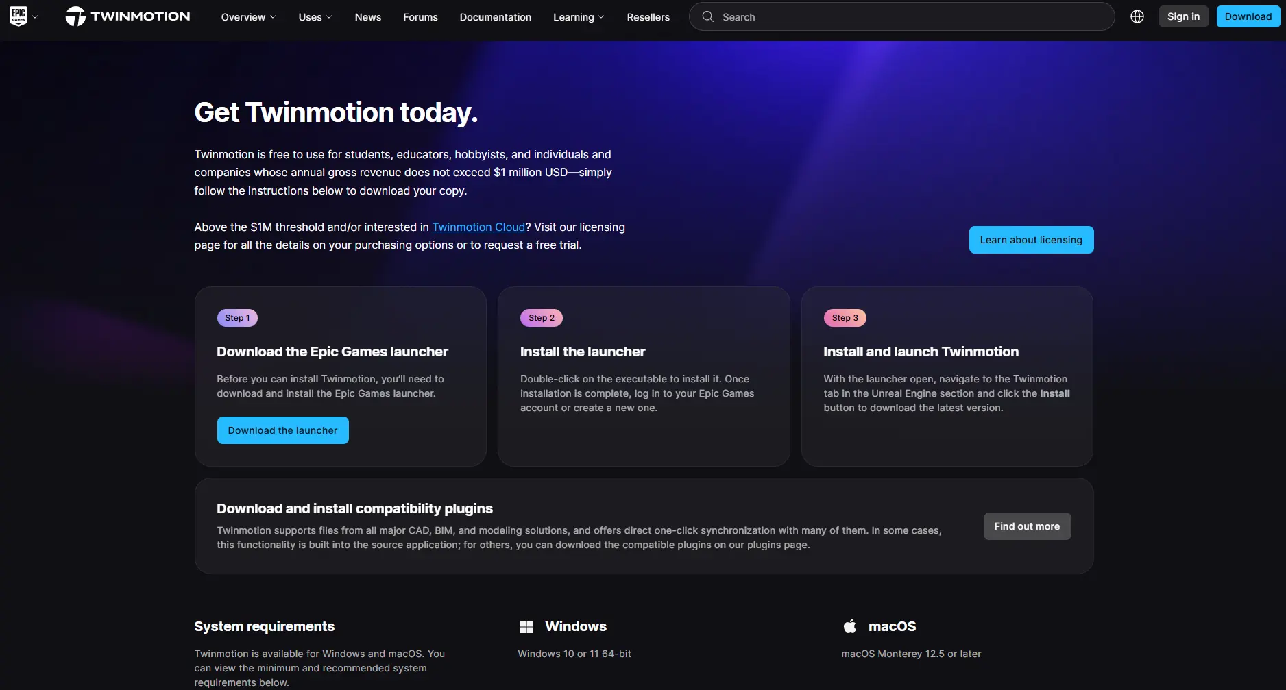 Pagina ufficiale di download di Twinmotion con i tre passaggi e il pulsante per scaricare il launcher
