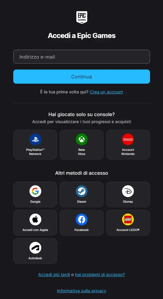 Schermata di accesso a Epic Games con il campo email e i metodi di accesso alternativi