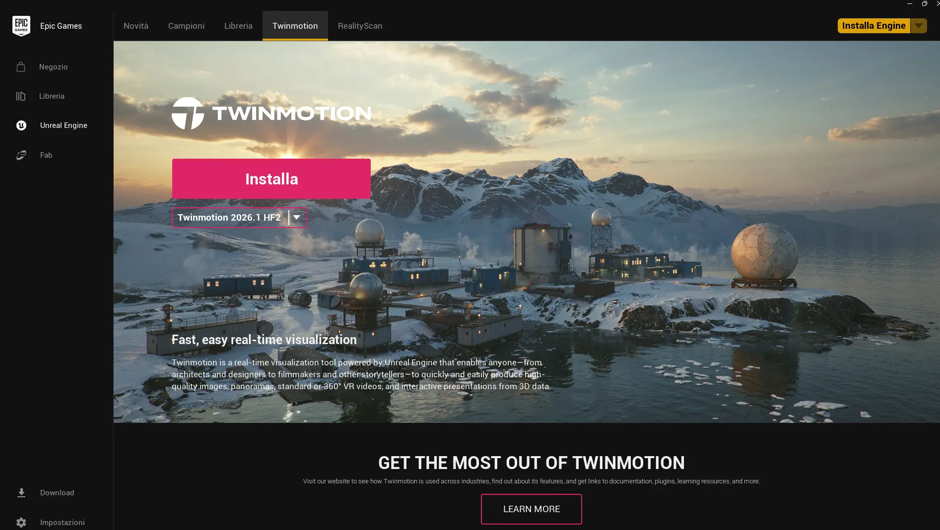 Scheda Twinmotion nell'Epic Games Launcher con il pulsante Installa e il selettore di versione