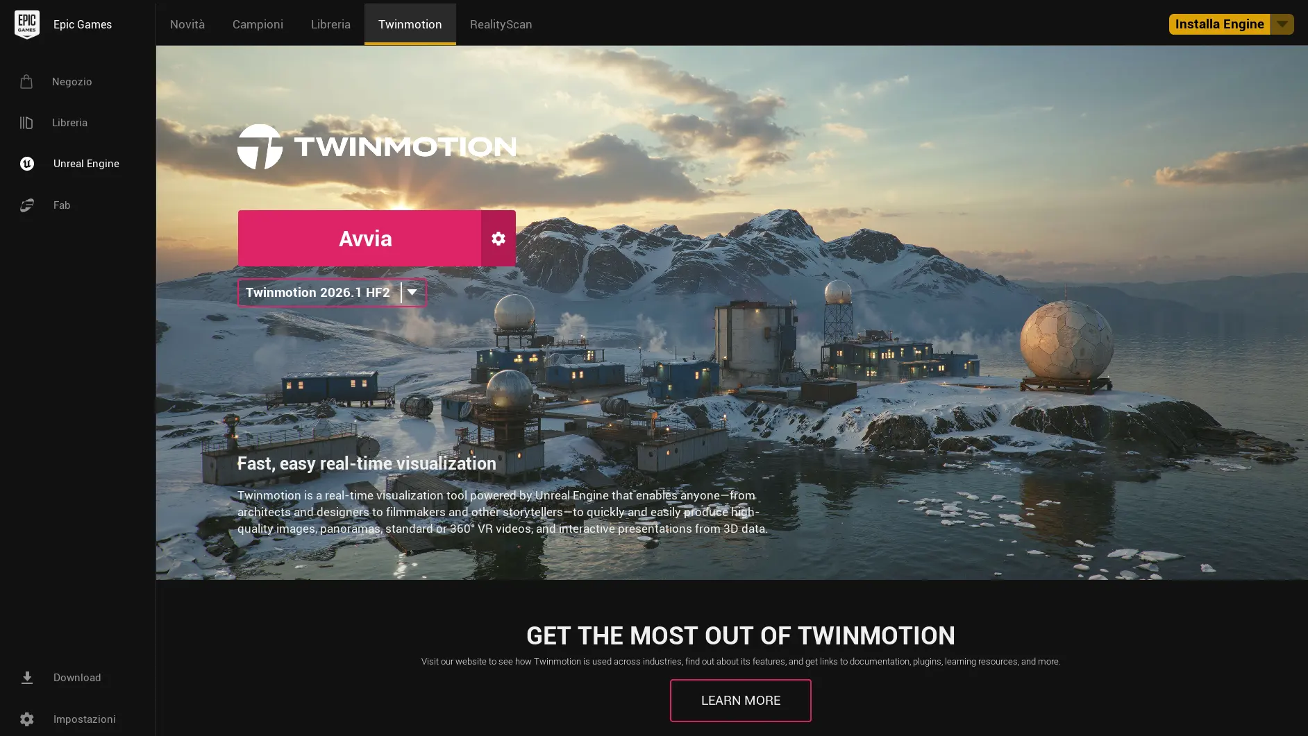 Scheda Twinmotion nell'Epic Games Launcher con il pulsante Avvia dopo l'installazione